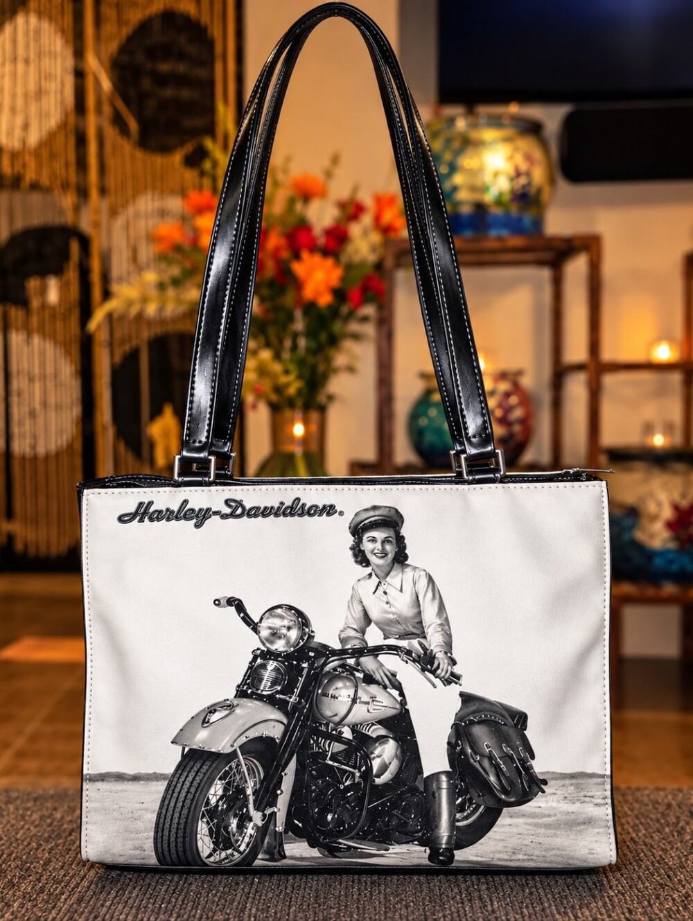 Harley-Davidson Black and White Women's Tote with Vintage Motorcycle Graphic PLC